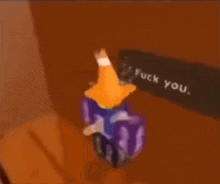 a cartoon character with a cone on his head is standing next to a sign that says fuck you .