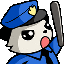 a cartoon panda in a police uniform is holding a baseball bat .