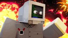 a cartoon character with a computer monitor on his head stands in front of an explosion