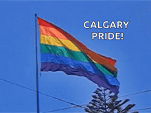 a rainbow flag is flying in the wind with the words calgary pride below it