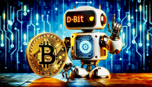 a robot standing next to a coin with the word d-bit on the screen