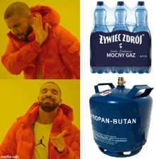 a man in an orange jacket is next to a propan-butan bottle