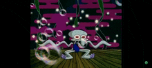 squidward from spongebob squarepants is standing on a wooden floor surrounded by bubbles and lights .