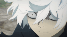 a close up of a person 's face with white hair and big eyes
