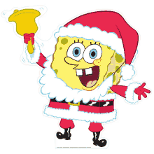 a sticker of spongebob wearing a santa hat and holding a bell