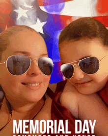 a woman and a child wearing sunglasses with memorial day written on the bottom