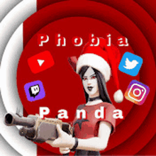 a woman in a santa hat is holding a gun in front of social media icons