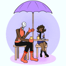 a drawing of two people sitting under an umbrella