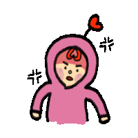 a cartoon drawing of a person wearing a pink hoodie with a heart on their head .