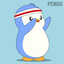 a blue and white penguin with a red and white headband and the word pengu on the bottom