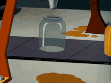 a cartoon drawing of a jar on a table with a yellow liquid coming out of it