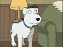 a cartoon dog wearing a hat is standing in a living room next to a lamp and a chair .