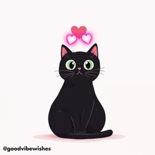 a black cat with two pink hearts on its head and the words goodvibewishes below it