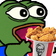 a green frog is eating a cup of kfc chicken .