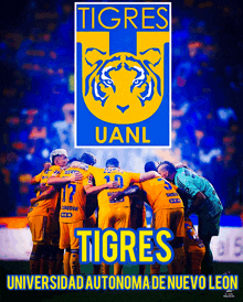 a group of soccer players huddle together under a sign that says tigres