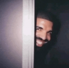 a close up of a man with a beard peeking out of a doorway .