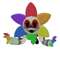 a cartoon character with a rainbow flower head and arms