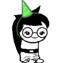 a black and white cartoon character with glasses and a green party hat on her head .