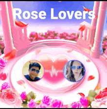 a man and a woman are surrounded by roses with the words rose lovers written above them