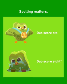 a cartoon of an owl with a medal around its neck and the words " spelling matters " below it