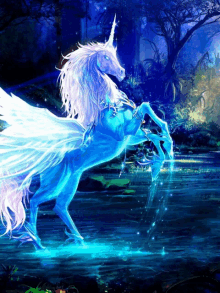 a blue and white unicorn standing in a river