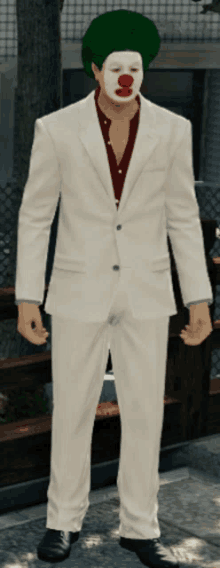 a man in a white suit has a clown mask on