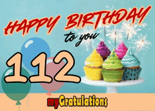a birthday card with cupcakes and balloons says happy birthday to you 112 my gratulations