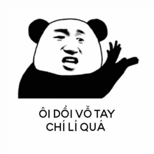 a panda bear is making a funny face and waving his hand in a black and white photo .