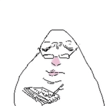a drawing of a man with glasses holding a piece of paper in his mouth .