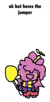 a cartoon character with a yellow balloon and the words ok but heres the jumper above it