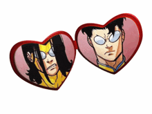 a pair of heart shaped sunglasses with a comic book character in them