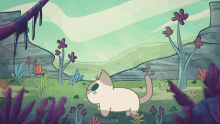 a cat is walking through a field of flowers