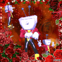 a pixel art of a man with a tv head surrounded by red roses and butterflies