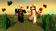 a couple of minecraft characters are holding hands