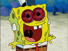 a cartoon of spongebob with red eyes and a red tie