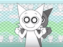 two cartoon cats are standing next to each other in front of a checkered wall