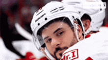 a close up of a hockey player wearing a helmet and a beard .