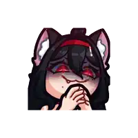 a cartoon drawing of a girl with black hair and red eyes covering her mouth with her hands