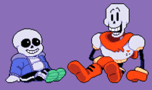 pixel art of sans and papyrus sitting next to each other on a purple background