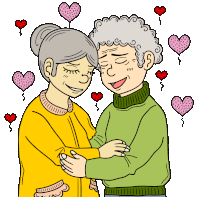 a cartoon of an elderly couple hugging with hearts surrounding them