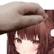 a person is petting a girl 's head with a cat 's paw .