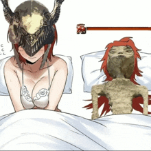 a cartoon of a woman laying in bed next to a statue of a man