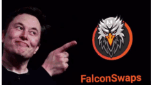 elon musk is smiling and pointing at a falcon swap logo .