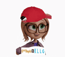 a cartoon girl wearing glasses and a red hat holds a sign that says captain angela kllg