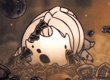 a cartoon of a skeleton with a bow on its head is surrounded by skulls .