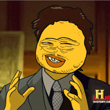 a cartoon of a man in a suit and tie with a yellow face and a history.com logo behind him