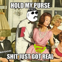 a woman in a pink dress is being held by a man in a tuxedo with the caption hold my purse shit just got real