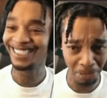 a man with dreadlocks is smiling and crying .