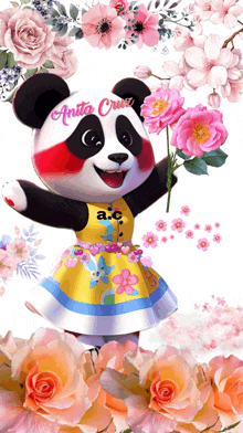 a panda bear is holding a bouquet of pink flowers with anita cruz written on the top