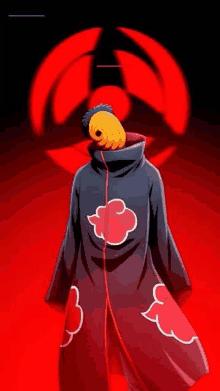 obito from naruto is wearing a black cloak with red clouds on it and a red background .